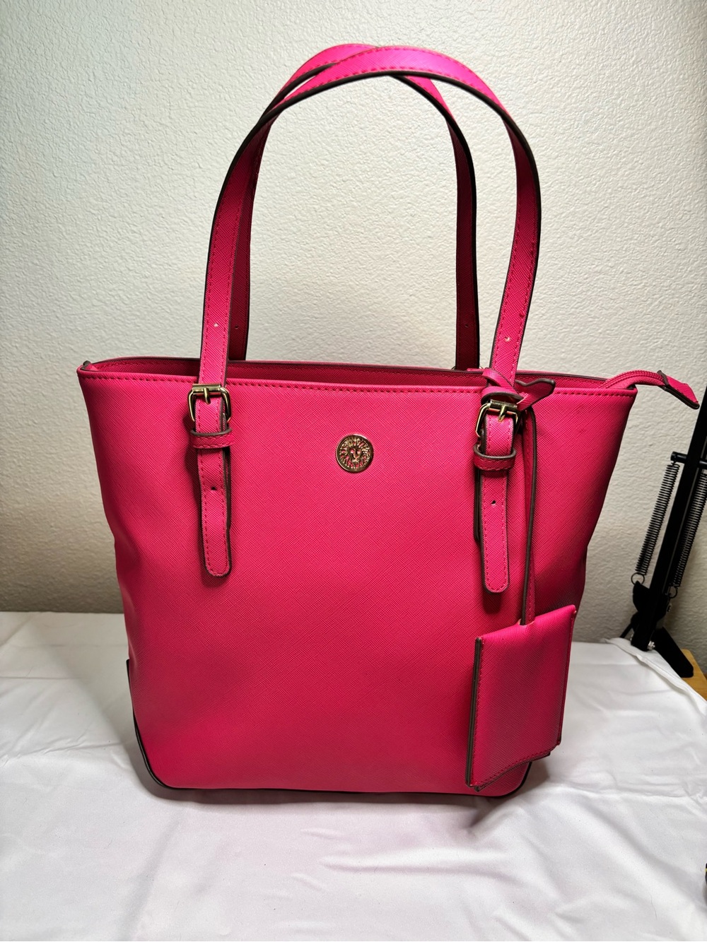Anne Klein Hot Pink Faux Saffiano Tote with Gold Logo